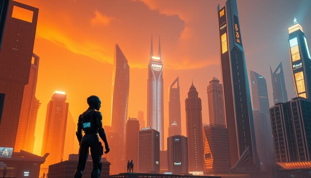 A stunning, futuristic cityscape bathed in a warm, amber glow. Towering skyscrapers with sleek, angular designs and glowing holographic displays hover and pulsate with intelligent energy, creating an aura of advanced technology. In the foreground, a lone, humanoid figure stands resolute, its robotic form silhouetted against the vibrant skyline. The figure's stance is agentic, conveying a sense of autonomy, adaptability, and purposeful action. The scene evokes a world where artificial intelligence has become an integral, seamless part of the urban landscape, poised to shape the future with its enhanced capabilities.