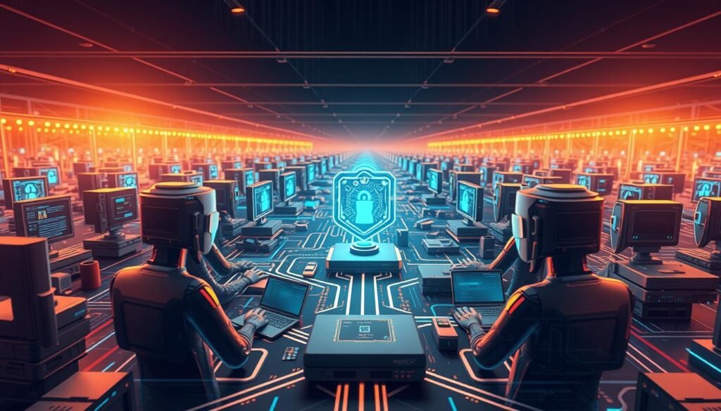 Detailed digital illustration of interconnected software agents, streamlined and harmonized through meticulously designed standards and interoperability protocols. Sleek, high-tech interface elements form a cohesive visual landscape, conveying a sense of order, security, and seamless collaboration. Warm lighting illuminates the scene, creating a welcoming yet technologically advanced atmosphere. Camera angle captures the agents from an elevated perspective, emphasizing the interconnected nature of the system. Muted color palette with shades of blue, gray, and silver evokes a futuristic, cyber-centric aesthetic. The overall composition communicates the importance of robust standards and interoperability in safeguarding the cybersphere.