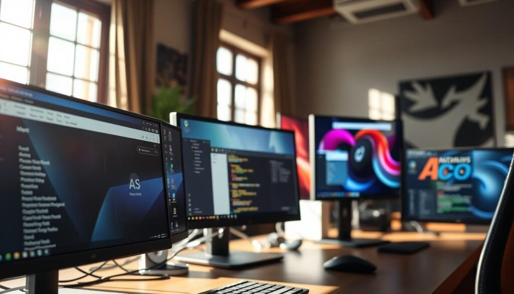 A busy office desktop with a high-end gaming PC setup, showcasing seamless multitasking. In the foreground, several windows are open - a web browser, a productivity suite, and a resource-intensive application. The display is crisp and clear, with vibrant colors and sharp details. The lighting is natural, streaming in through the windows, creating a warm, focused atmosphere. The composition emphasizes the user's ability to fluidly switch between tasks without any perceptible lag or performance issues. The angle is slightly elevated, providing an overview of the organized, efficient workflow.
