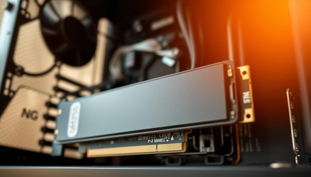 A close-up view of a high-performance NVMe solid-state drive (SSD) against a backdrop of a sleek, modern computer case. The SSD's heat sink and PCIe connector are prominently displayed, conveying a sense of power and efficiency. The image has a clean, minimalist aesthetic, with warm, natural lighting illuminating the components. The focus is on the NVMe drive, symbolizing its crucial role in enabling virtual memory functionality for low-end PCs. The overall composition suggests a practical, technical, and forward-looking approach to optimizing system performance.