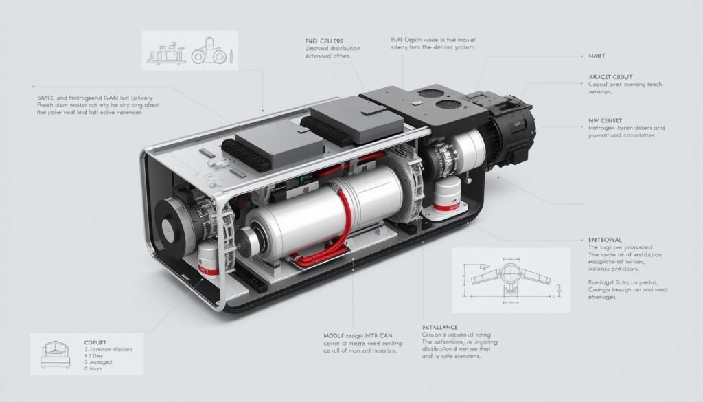 A detailed engineering schematic of a hydrogen fuel powerpack system, meticulously designed for a drone delivery vehicle. The powerpack is shown in cross-section, revealing its intricate inner workings - fuel cells, hydrogen storage tanks, power electronics, and advanced cooling systems. The layout is optimized for maximum efficiency, weight distribution, and reliable performance, with a focus on modular design and easy maintenance. Technical diagrams highlight key specifications like power output, runtime, and range. The scene is rendered in a technical, engineering-inspired style with muted colors, clean lines, and precise attention to detail, conveying the sophisticated nature of the integrated hydrogen propulsion system.