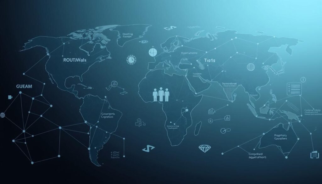 A detailed global governance framework, with a sleek modern design and subtle textures. In the foreground, stylized geometric shapes and interconnected lines represent the complex web of international regulations, policies, and standards. The middle ground showcases abstract symbols and icons symbolizing the diverse stakeholders - governments, corporations, civil society - collaborating to establish this framework. In the background, a soft, muted color palette evokes a sense of unity and collaboration, while the subtle use of light and shadow adds depth and dimension to the composition. The overall impression is one of a sophisticated, well-structured system guiding the responsible development and deployment of emerging technologies.
