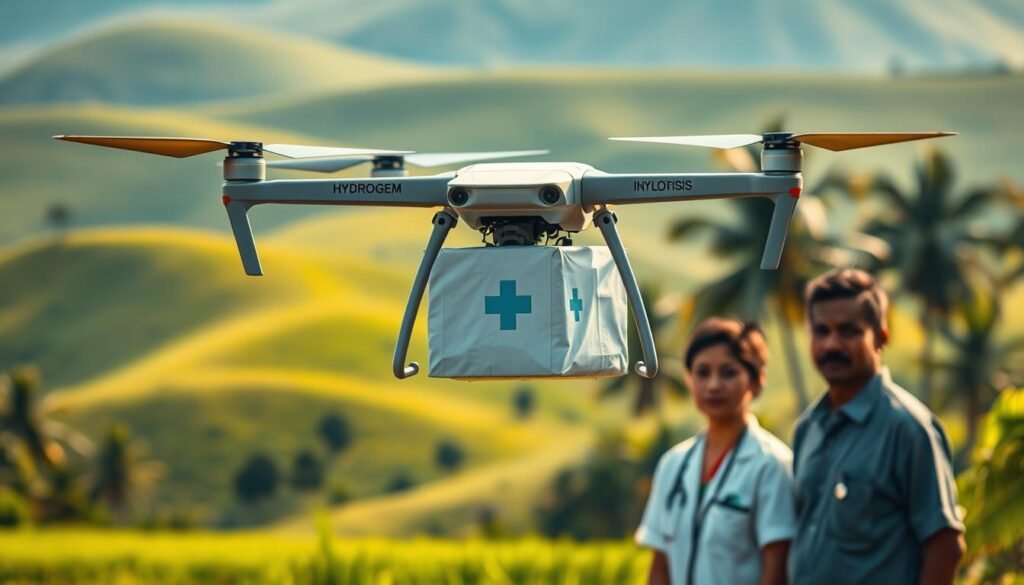 A drone carrying a medical supply package hovers over a rural Indonesian village. The drone's sleek, hydrogen-powered design is visible, with sensors and cameras scanning the surroundings. In the middle ground, healthcare workers await the delivery, their faces lit by the warm, diffused sunlight. In the background, a lush, green landscape with rolling hills and swaying palm trees sets the scene. The composition conveys a sense of efficiency, technological innovation, and collaboration between drone technology and local healthcare providers, highlighting the potential for improving medical access in remote areas.