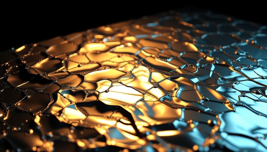 A futuristic and technologically advanced material, with a sleek, highly reflective surface that refracts light in mesmerizing ways. The material appears to be a hybrid of advanced alloys, polymers, and possibly quantum-based components, creating a visually captivating and tactile texture. The lighting is precise, casting dramatic shadows and highlights that accentuate the material's intricate structure and depth. The camera angle is slightly elevated, allowing the viewer to fully appreciate the material's complex and innovative design, hinting at its potential applications in cutting-edge industries. The overall mood is one of scientific progress, innovation, and the promise of a new era in computing and technology.