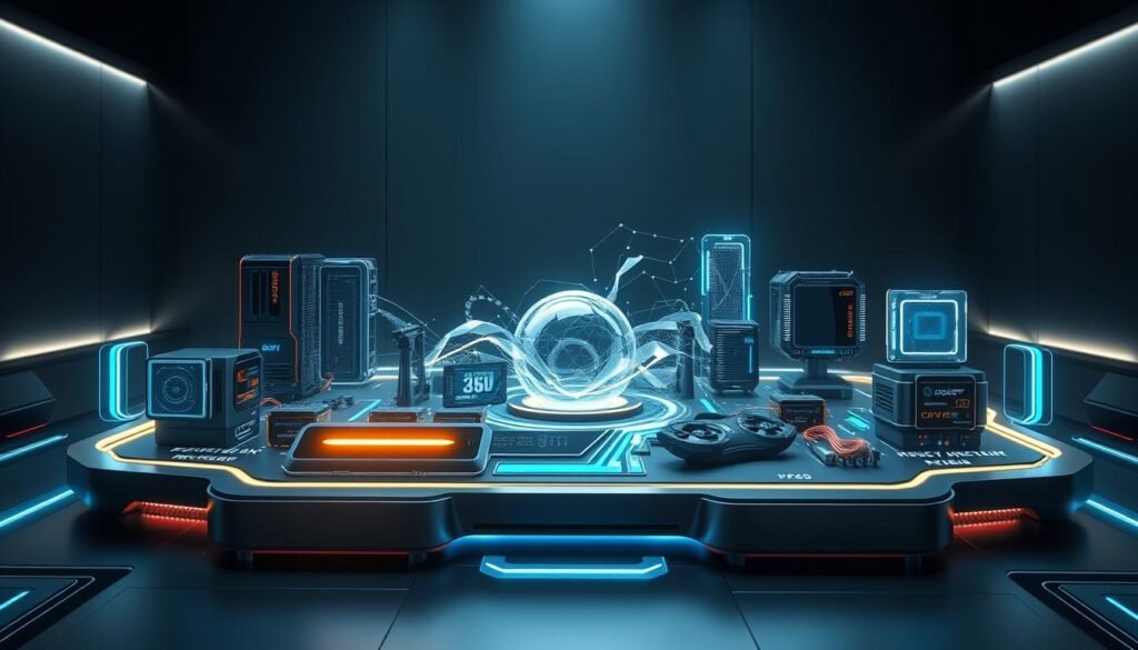 A futuristic, high-tech ecosystem platform showcasing the latest advancements in PC hardware. A sleek, modular design with a mix of metallic and translucent elements. In the foreground, a central component representing the new DDR6 memory technology, glowing with an internal light. Surrounding it, various interconnected modules depicting PCIe Gen6 interfaces, cutting-edge CPUs and GPUs, all seamlessly integrated. The middle ground features a fluid, dynamic visualization of data flows and system interconnectivity. In the background, a minimalist, dimly lit environment with subtle holographic accents, conveying a sense of advanced, next-generation computing power.