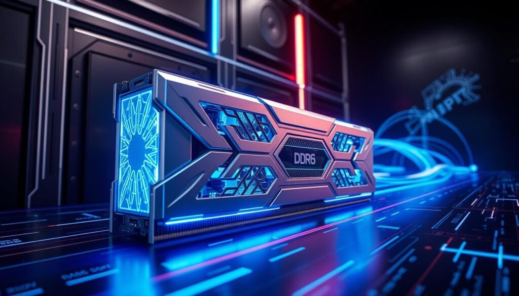 A futuristic, high-tech scene showcasing the extreme speed of the DDR6 memory technology. In the foreground, a powerful, silver-colored computer component with an intricate, geometric design glows with an intense blue hue, radiating an aura of raw computational power. The background is a sleek, minimalist environment with a dark, metallic color palette, accentuating the technological sophistication. Streams of data in the form of vibrant, neon-like lines flow and intertwine, creating a sense of dynamic, high-speed data transfer. The overall atmosphere is one of cutting-edge innovation, where the boundaries of performance are being pushed to new heights, foreshadowing the transformative impact of DDR6 on the enthusiast PC landscape.