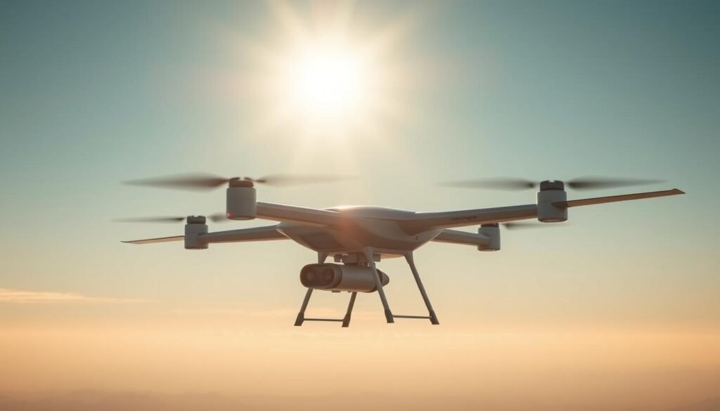 A high-altitude hydrogen-powered drone hovers silently, its sleek body reflecting the warm glow of the sun. Intelligent sensors scan the landscape, constantly adjusting its flight path to avoid inclement weather. The drone's efficient design enables it to maintain a steady 3-hour flight time and cover a 200-kilometer range, making it an ideal autonomous delivery system for medical supplies in remote or hard-to-reach areas. Meticulously engineered to balance operational capabilities with safety regulations, this drone represents a harmonious union of technology and responsible innovation.