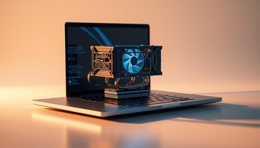 A high-tech cooling system levitates within a sleek, minimalist laptop design. Intricate ionic circuitry pulses with an ethereal blue glow, dissipating heat without noisy fans. Elegant metal housing reflects warm studio lighting, casting soft shadows that accentuate the streamlined profile. The cooling module hovers effortlessly, suspended by an invisible magnetic field, a testament to NASA's pioneering advancements in thermal management technology. An atmosphere of cutting-edge innovation and scientific prowess permeates the scene, hinting at the revolutionary potential of this fanless cooling breakthrough.