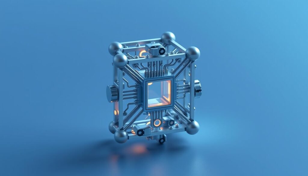 A highly detailed, technically accurate 3D render of a single qubit - the fundamental building block of quantum computing. The qubit is depicted as a complex, intricate circuit-like structure, with clean metallic surfaces, glowing circuits, and precise geometric shapes. The scene is bathed in cool, subdued lighting that highlights the qubit's intricate inner workings. The qubit is positioned in the center of the frame, with a clean, minimalist background that allows the subject to be the focus. The overall tone is one of scientific precision, technological innovation, and the future of computing.