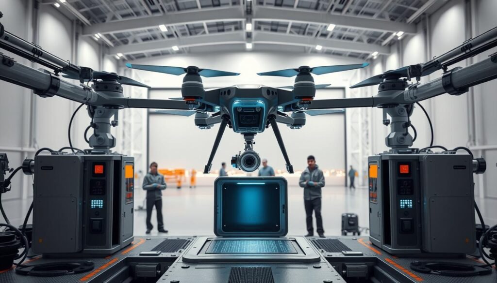 A meticulously detailed hydrogen fuel refueling station, with sleek robotic arms and a compact, modular design. The foreground showcases the fueling process, as a drone hovers above an access panel, its hydrogen tanks being rapidly replenished. The middle ground features a team of technicians closely monitoring the operation, their faces illuminated by the glow of digital displays. In the background, a vast, minimalist hangar stretches out, with high ceilings and clean, efficient lines, creating an atmosphere of precision and technological advancement. Crisp, neutral lighting casts a subtle glow, emphasizing the futuristic, operational nature of the scene.