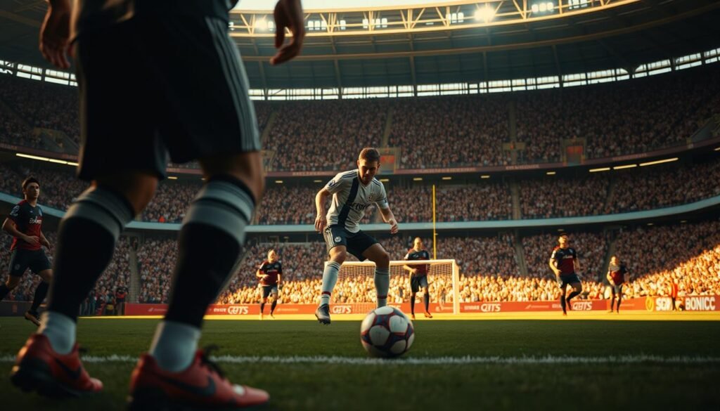 A meticulously detailed scene of a free kick during a football match, captured in a cinematic style. The player, in sharp focus, steps up to the ball, his face tense with concentration. The surrounding players, slightly blurred, create a sense of motion and anticipation. The stadium in the background is bathed in warm, golden light, casting dramatic shadows across the field. The camera angle is low, accentuating the power and drama of the moment. The overall atmosphere is one of intense focus, strategic planning, and the potential for a game-changing goal.