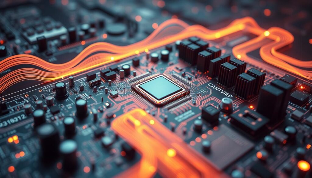 A pristine quantum computer motherboard with intricate circuits, oscillating qubits, and pulsing energy fields. The board is illuminated by a soft, ambient glow, casting a serene, contemplative atmosphere. Subtle details like quantum tunneling effects, entanglement, and decoherence are visible, hinting at the complex technical challenges in maintaining qubit fidelity and scaling the system. The composition emphasizes the delicate balance between the quantum and the classical, the microscopic and the macroscopic, with a sense of awe-inspiring technological marvel.