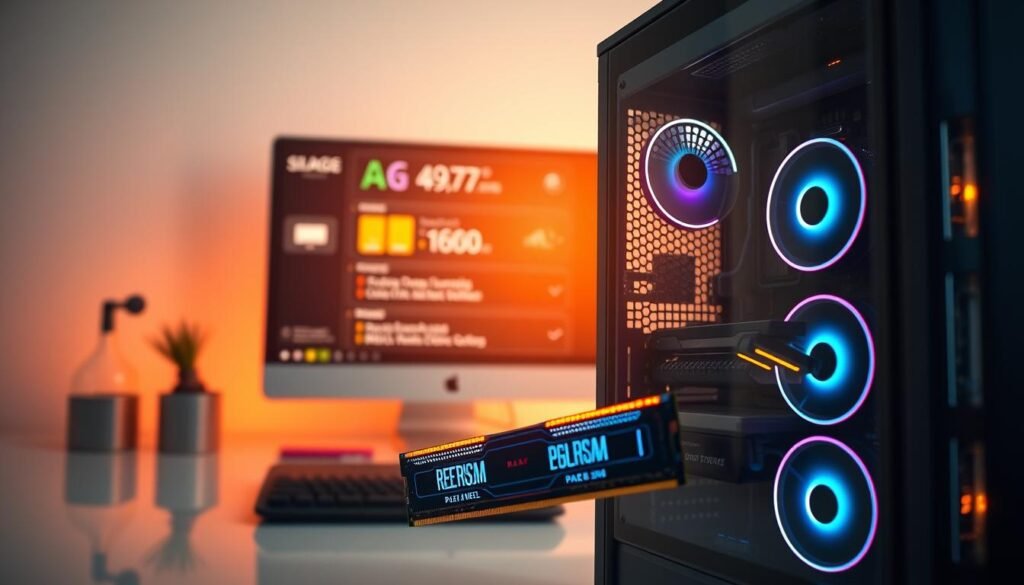 A sleek and modern desktop setup showcasing the intricacies of RAM management. In the foreground, a computer tower with a translucent panel reveals vibrant dual-channel RAM modules pulsing with energy. The middle ground features a high-resolution display depicting detailed performance metrics and RAM optimization settings, hinting at the seamless multitasking capabilities. The background is a minimalist workspace, bathed in warm, soft lighting that emphasizes the technical prowess of the system. The overall composition conveys a sense of precision, power, and the careful orchestration of hardware resources to deliver a lag-free computing experience.