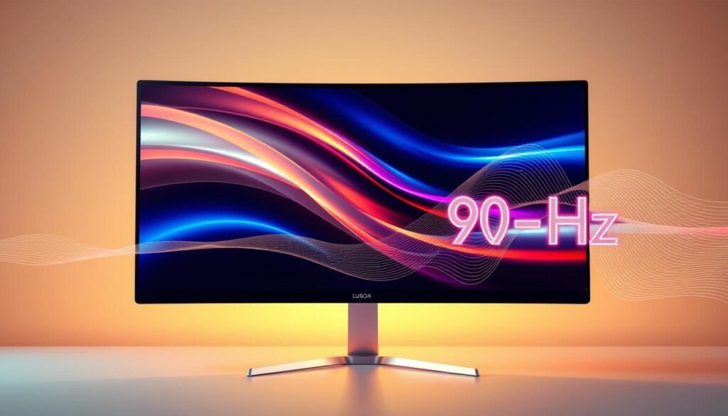 A sleek, high-performance computer monitor showcasing a vibrant, high-refresh-rate display. The screen is filled with a seamless 90 Hz motion, conveying a sense of fluid, responsive gameplay. Warm, ambient lighting casts a gentle glow, highlighting the monitor's clean, minimalist design. The frame is constructed with premium materials, exuding a sense of quality and performance. In the foreground, a 3D wireframe animation visualizes the refresh rate, with dynamic lines pulsing in sync with the display. The background features a subtle gradient, creating depth and emphasizing the monitor's technical capabilities.