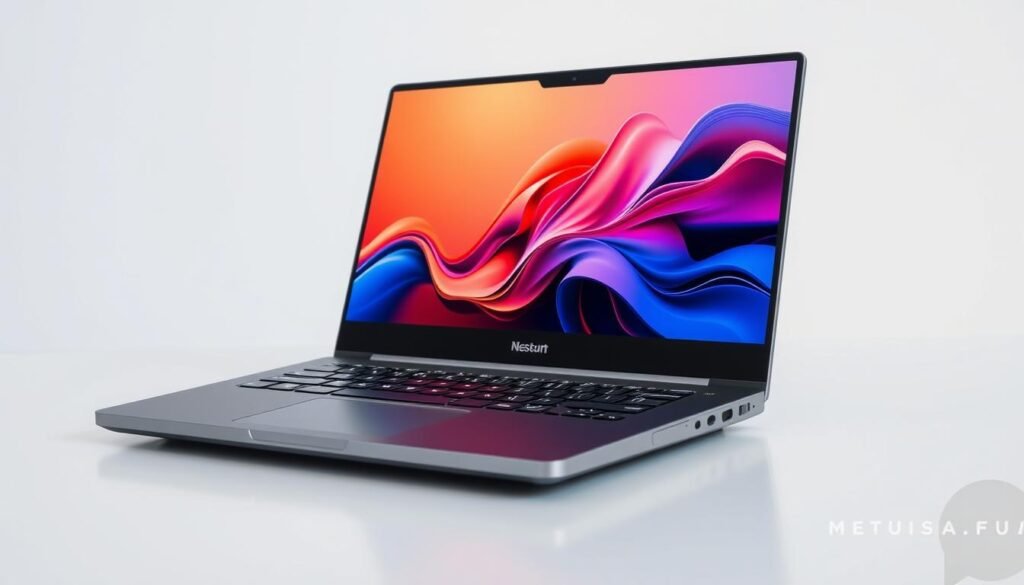 A sleek, modern notebook with a metallic grey chassis and a subtle, minimalist design. The display showcases vibrant, high-resolution visuals, powered by the latest LPDDR6 memory technology. The notebook's internals hum with efficiency, delivering lightning-fast performance for both productivity and gaming. Subtle LED accents add a touch of sophistication, while the slim, lightweight form factor makes it perfect for on-the-go use. The image captures the notebook in a well-lit, professional setting, showcasing its premium build quality and advanced capabilities.