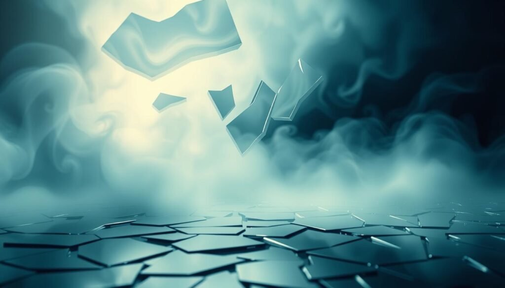 A surreal, abstract representation of the concept "correlation is not causation". Depicted as a shattered mirror-like surface, partially obscured by a swirling, amorphous veil of mist. The fragmented reflections distort and obscure the true nature of the scene, symbolizing the dangers of drawing causal conclusions from mere correlations. Diffused, cool-toned lighting creates an atmospheric, unsettling mood. The composition emphasizes the interplay of form, perspective, and the illusory nature of perception. No distinct foreground objects, allowing the viewer to focus on the conceptual themes.