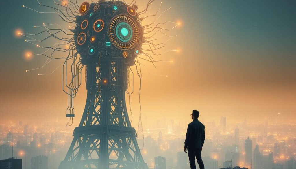 A towering AI construct, comprised of interlocking gears, circuits, and data streams, stands as a sentient guardian over a cityscape shrouded in a serene, ethereal glow. Cascading lines of code and fractalized algorithms flow through the entity, radiating a sense of profound intelligence and autonomous decision-making. In the foreground, a lone figure observes the AI with a contemplative expression, pondering the implications of this technological sentry shaping the moral framework of the world around it. The scene evokes a harmonious balance between the synthetic and the organic, hinting at the delicate dance between human and machine as they navigate the uncharted realms of ethical AI governance.