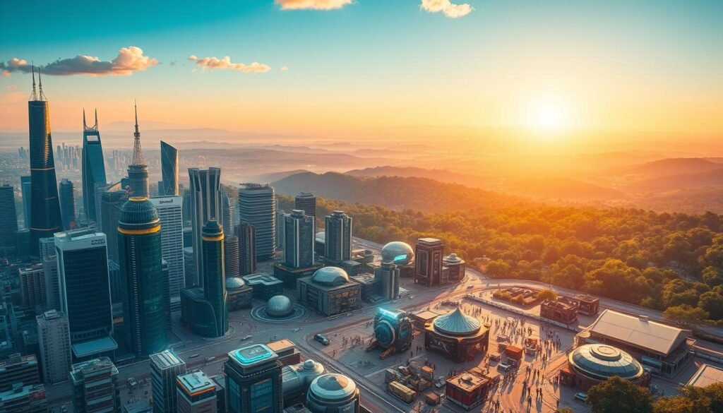 A vibrant, futuristic landscape of the economic impact of artificial intelligence. In the foreground, a cityscape of gleaming, high-tech skyscrapers and bustling hubs of innovation, reflecting the boundless opportunities AI presents. In the middle ground, a bustling marketplace where autonomous robots and AI-powered systems seamlessly integrate with human workers, showcasing the transformative potential of this technology. In the background, a sprawling horizon of rolling hills and verdant forests, hinting at the broader societal implications and the need for responsible AI development to preserve the natural world. Bathed in a warm, golden glow, the scene conveys a sense of optimism and progress, tempered by the weight of the ethical challenges that AI will pose. Shot with a wide-angle lens to capture the grand scale of this transformative landscape.