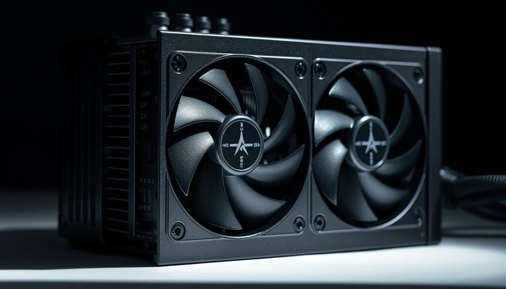 A well-lit, high-resolution close-up shot of a sleek, modern PC power supply unit (PSU) with its side panel removed, revealing the internal cooling components. The PSU's heatsinks and fans are prominently featured, showcasing intricate details of their design and construction. The lighting is soft and directional, creating dynamic shadows that highlight the mechanical complexity of the cooling system. The overall composition emphasizes the importance of effective thermal management for stable, low-power PC performance.