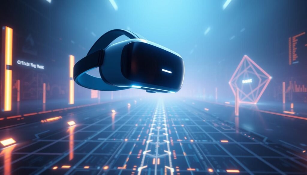 a high-tech, futuristic scene depicting the concept of "bitrate dynamic" in virtual reality. In the foreground, a sleek and modern VR headset hovers, its design showcasing advanced AI-powered compression capabilities. The headset emits a soft, ethereal glow, hinting at the dynamic bitrate technology within. In the middle ground, a series of data streams and information visualizations dance and pulse, representing the real-time adjustments of the bitrate as the VR experience unfolds. The background is a vast, minimalist landscape of technological abstractions, with geometric shapes and glowing lines suggesting the underlying infrastructure supporting the VR system. The overall mood is one of innovation, efficiency, and the seamless integration of cutting-edge technology.