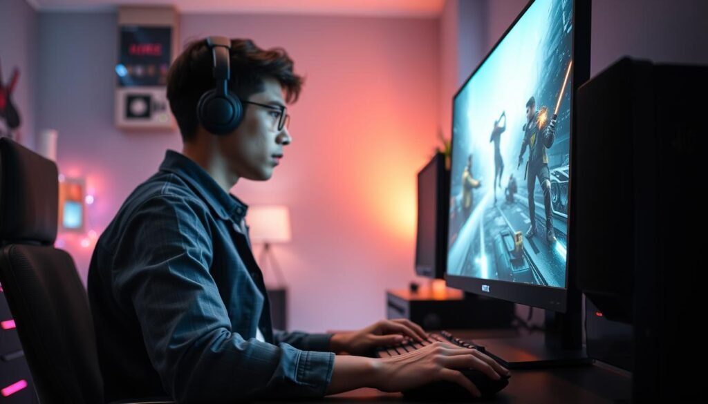 A high-energy gaming setup featuring a sleek, modern gaming PC with an RTX 5090 graphics card prominently displayed. The foreground showcases a high-resolution gaming monitor displaying a vibrant, ray-traced scene from an action-packed video game, with realistic lighting and shadows creating an immersive atmosphere. In the middle ground, a gamer, dressed in casual yet professional attire, is intensely focused on the screen, with their hands on the keyboard and mouse. The background includes soft ambient lighting that highlights the room's gaming aesthetics, such as LED lights and gaming accessories. The overall mood is dynamic and engaging, conveying the excitement and enhanced visual experience of gaming with cutting-edge ray tracing technology. The image should have a cinematic feel, with a warm color palette and a slight bokeh effect to emphasize the gamer and their setup.