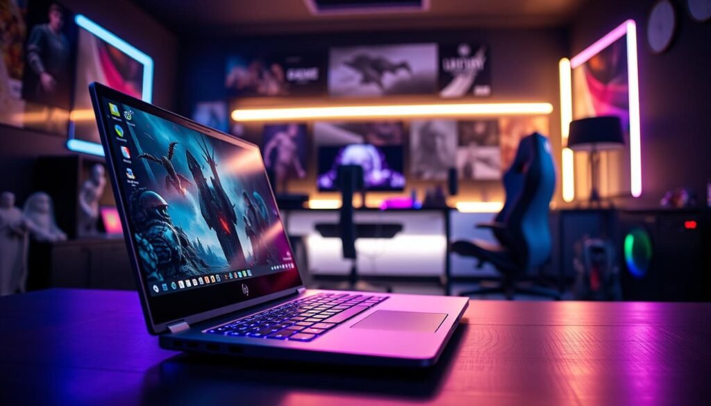 A sleek HP Victus Gaming Laptop 15 showcased in a dynamic gaming environment. The laptop sits prominently in the foreground, its metallic design glistening under dramatic LED lighting, which shifts colors from blue to purple. The high-resolution screen displays an intense scene from a fantasy game, capturing the essence of Hogwarts Legacy. In the middle area, a stylish gaming setup with a modern desk, colorful RGB mouse and keyboard, and a comfortable gaming chair enhances the atmosphere. In the blurred background, soft glow from LED strips illuminates a dark room filled with gaming posters and figurines, creating an immersive vibe. The scene is captured in a slightly angled view to emphasize the laptop’s features, with a warm, inviting ambiance that appeals to gamers.