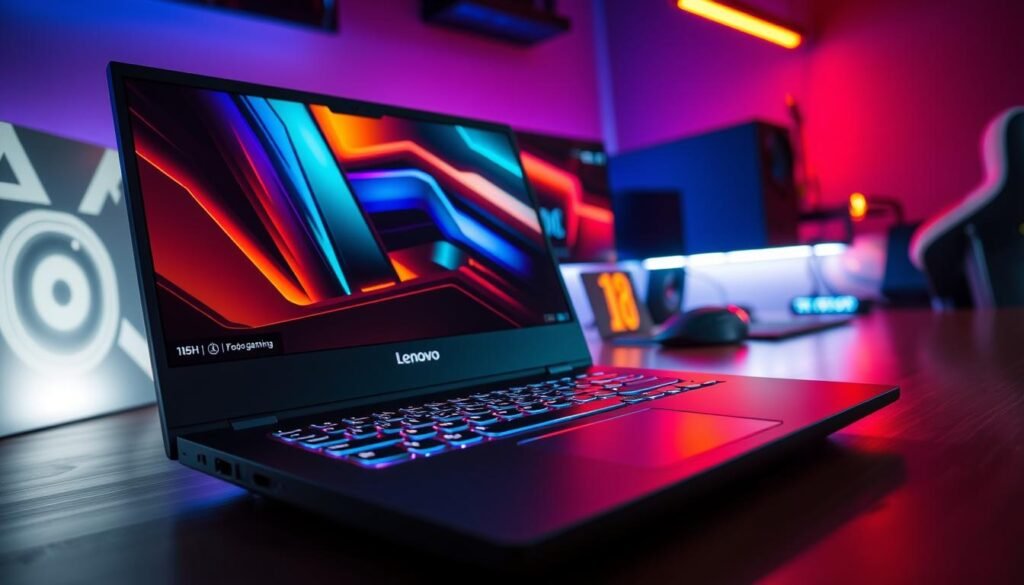 A sleek Lenovo IdeaPad Gaming 3 laptop showcasing its vibrant 165Hz display, positioned prominently in the foreground. The laptop's design reflects modern aesthetics with angular edges and a glowing keyboard, emphasizing its gaming capabilities. In the middle ground, a gaming environment is depicted with RGB lighting softly illuminating the space, creating a dynamic and immersive atmosphere. The background features a subtle blur of a desk setup, incorporating gaming accessories like a high-quality mouse and headset, indicating a dedicated gaming workspace. The lighting is warm and inviting, highlighting the laptop's features. The angle of the shot is slightly above eye level, capturing the essence of serious gaming without distractions. The overall mood is energetic yet focused, perfect for showcasing its competitive performance.