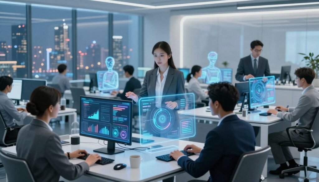 A futuristic office scene in 2026, showcasing core AI capabilities. In the foreground, a diverse group of professionals, dressed in smart business attire, collaborate with advanced AI holograms displaying data analytics, predictive models, and interactive interfaces. The middle ground features sleek, modern desks equipped with transparent screens and AI assistants like digital avatars, actively engaging with human team members. The background reveals a panoramic view of a city skyline, bathed in soft blue and white lighting, emphasizing innovation and technology. Utilize soft focus on the people to enhance the clarity of the AI elements. The atmosphere should feel dynamic and collaborative, illustrating a harmonious blend of human intelligence and artificial technology.