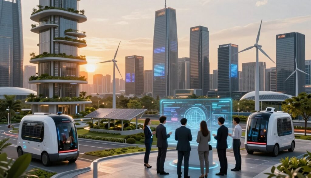 A futuristic urban landscape showcasing advanced smart infrastructure, including high-tech buildings with integrated green spaces and autonomous vehicles. In the foreground, diverse professionals in business attire collaborate around a holographic display, analyzing data and discussing strategies. The middle ground features a mix of eco-friendly technology like solar panels and wind turbines, seamlessly integrated into the modern architecture. In the background, a skyline of towering skyscrapers adorned with digital screens illustrates the prevalence of AI and technology. The scene is bathed in warm, ambient lighting during sunset, casting a golden hue across the environment, creating a hopeful and optimistic atmosphere symbolizing progress and innovation.