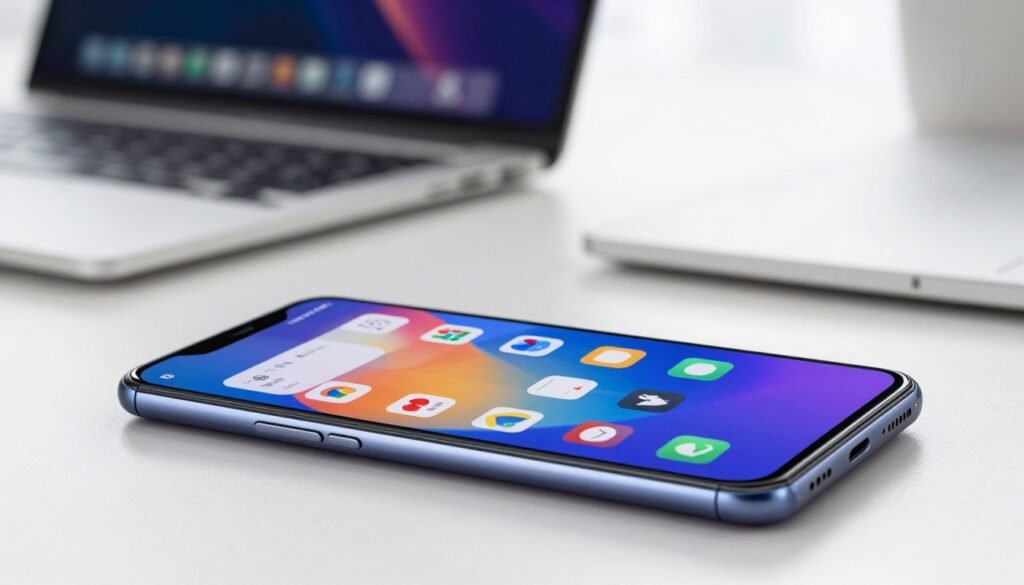 A modern smartphone featuring the Snapdragon 6 Gen 1 chip, placed prominently in the foreground. The device has a sleek, minimalist design with smooth edges and a vibrant display that showcases dynamic app interfaces. In the middle ground, subtle reflections of ambient light glisten on the screen, enhancing the high-tech feel. The background includes a blurred workspace ambiance, with a soft-focus laptop and abstract tech elements to imply a busy daily task environment. The lighting is bright yet soft, emanating from a natural source, evoking a sense of productivity and innovation. The overall mood is professional and inspiring, perfect for highlighting the smartphone's performance in everyday tasks.