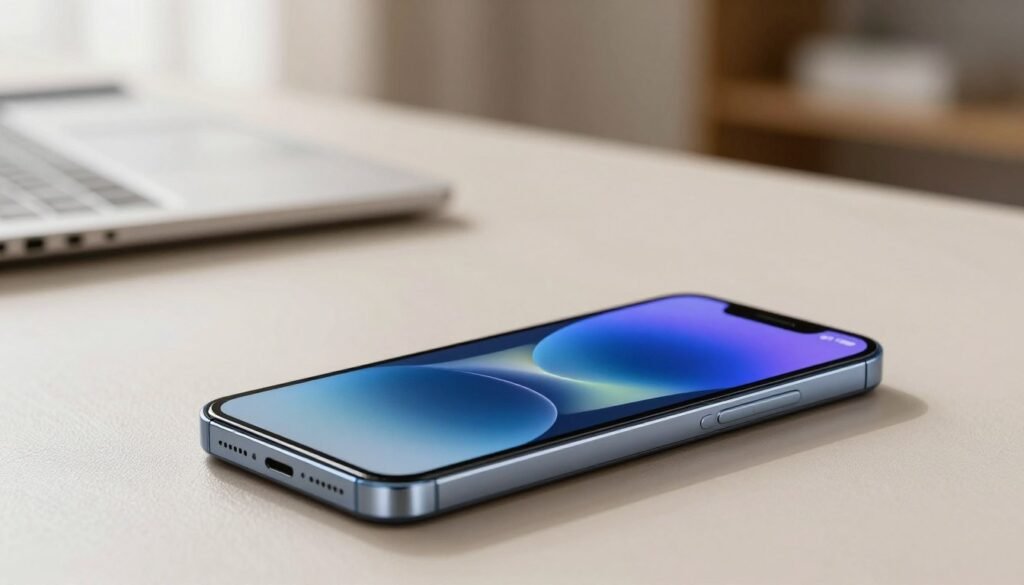 A sleek, premium smartphone design showcasing a rugged yet lightweight aesthetic. The smartphone is positioned prominently in the foreground, its glossy finish reflecting soft ambient lighting. The device features a large, ultra-bounce display that appears vibrant and nearly edge-to-edge, demonstrating durability and modern technology. In the middle ground, a textured, elegant surface complements the phone, enhancing its luxurious feel. The background is a blurred, minimalist desk environment with warm natural lighting, suggesting a comfortable and professional setting. The overall mood is sophisticated and inviting, emphasizing comfort and elegance. The image captures the essence of innovation, highlighting the smartphone's design and ergonomic shape without any text or distractions.